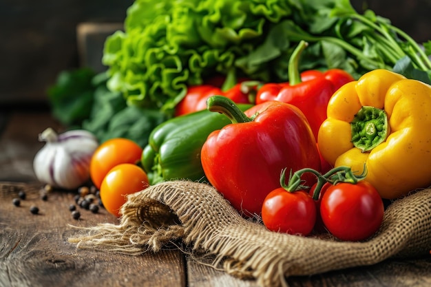 Frescura de las verduras orgánicas en una generativa rústica de madera Ai