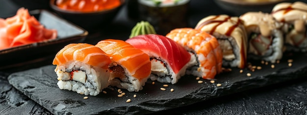 Fresh delicioso sushi japonés en un fondo oscuro rollos de sushi