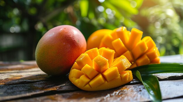 Fresh deliciosos mangos dulces en un fondo de madera