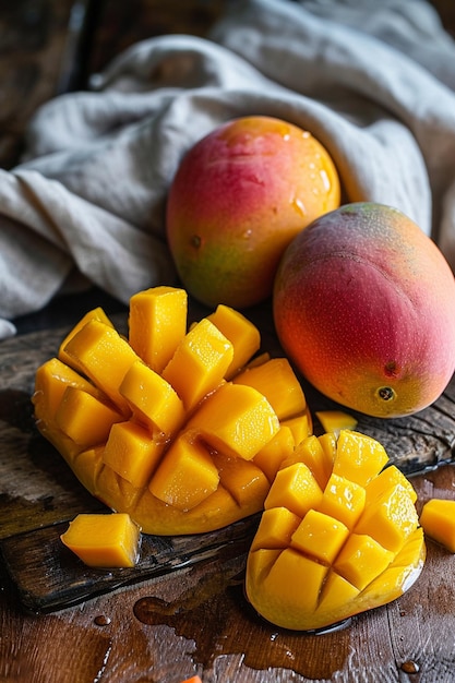 Foto fresh deliciosos mangos dulces en un fondo de madera