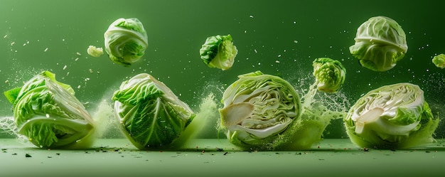 Foto fresh green brussels sprouts em movimento em um fundo verde vibrante conceito de legumes saudáveis