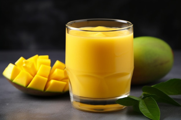 Foto fresh hermoso y delicioso batido de jugo de mango en taza de vidrio sobre fondo de mesa gris