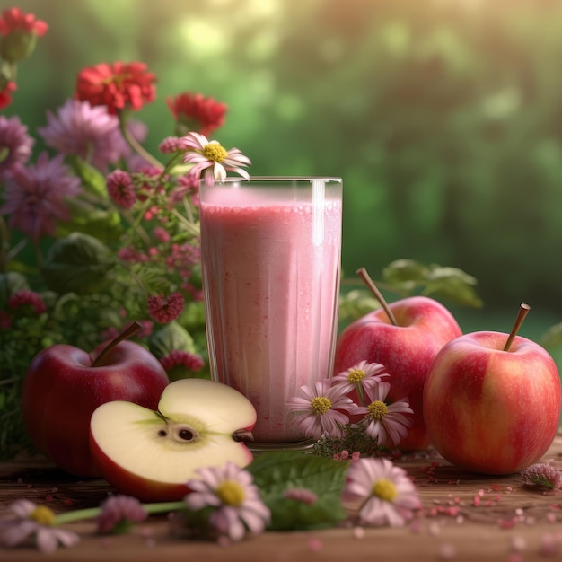 Fresh Smoothie Apple lassi com frutas Apple no restaurante de fundo de estúdio com jardim