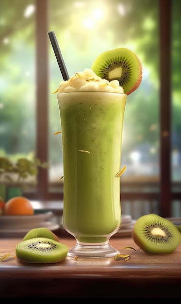 Fresh Smoothie kiwi lassi com kiwis no restaurante de fundo de estúdio com jardim