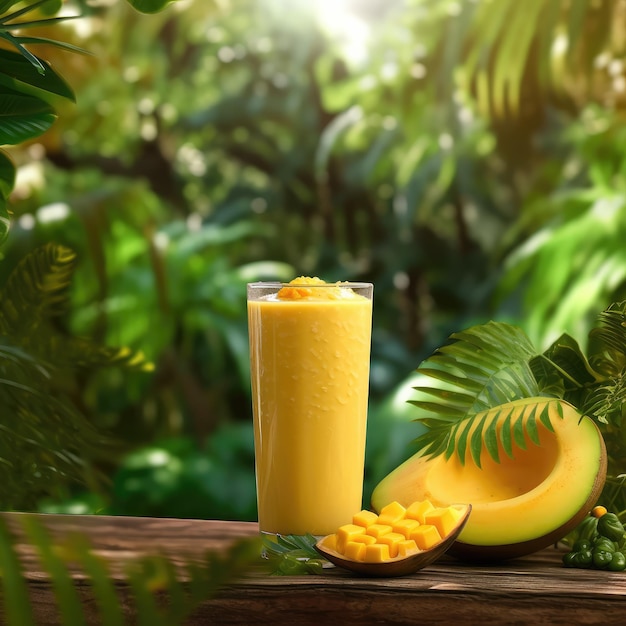 Fresh Smoothie mango lassi con fruta de mango en el restaurante de fondo de estudio con jardín