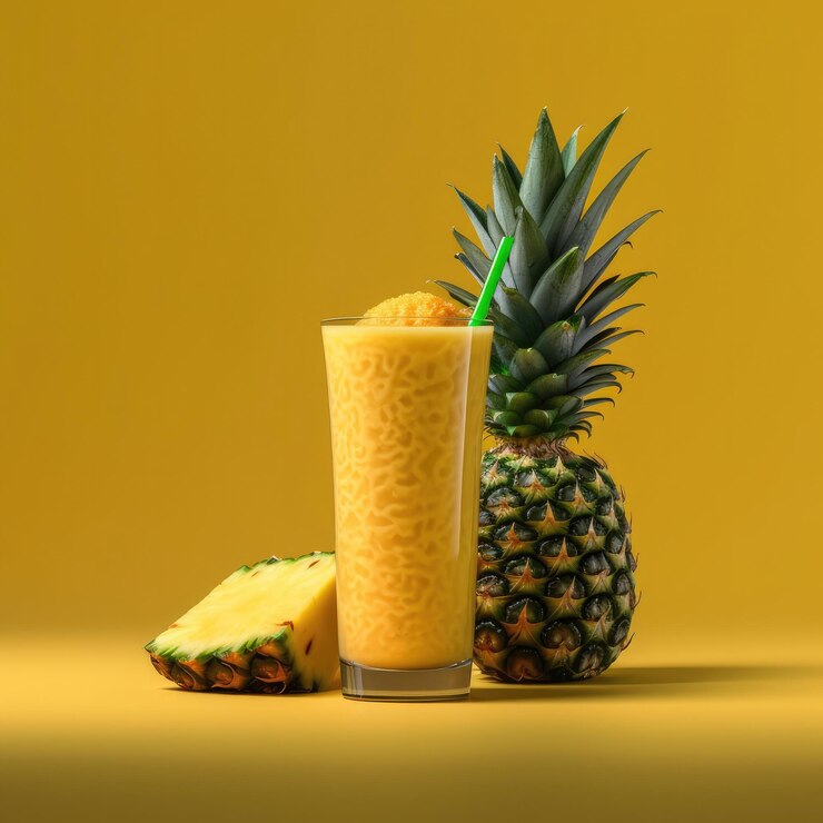 Fresh Smoothie Pineapple lassi con fruta de piña en el restaurante de fondo de estudio con jardín