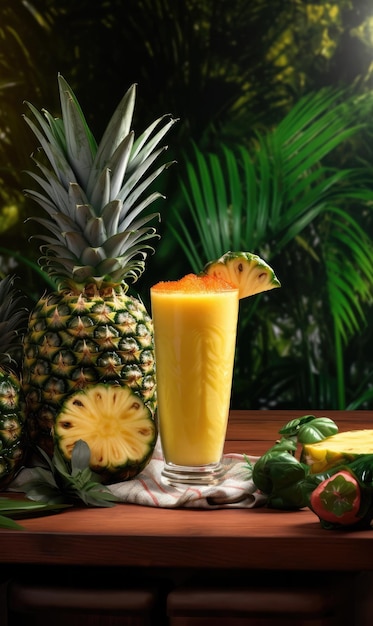Fresh Smoothie Pineapple lassi con fruta de piña en el restaurante de fondo de estudio con jardín