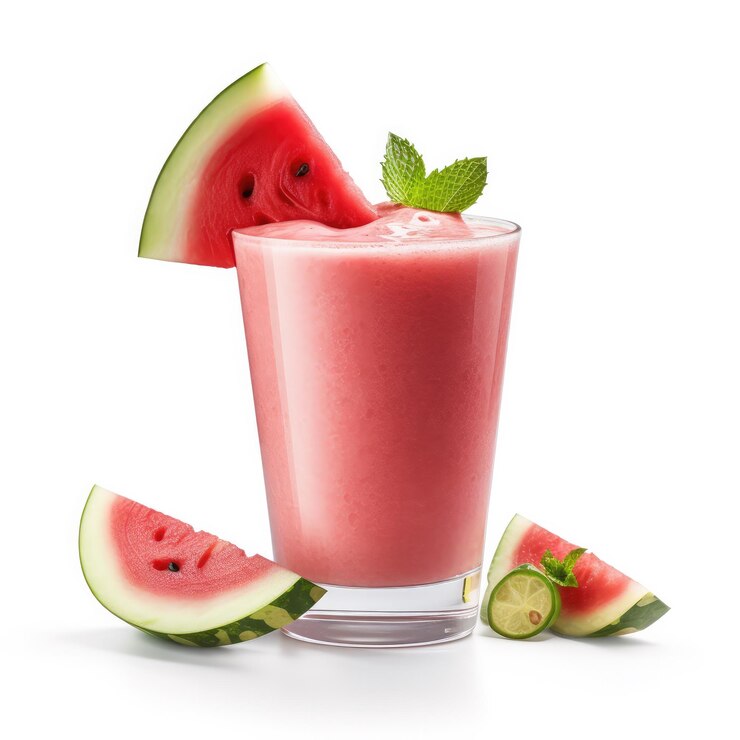 Fresh Smoothie Watermelon lassi con fruta de sandía en un estudio de fondo blanco aislado