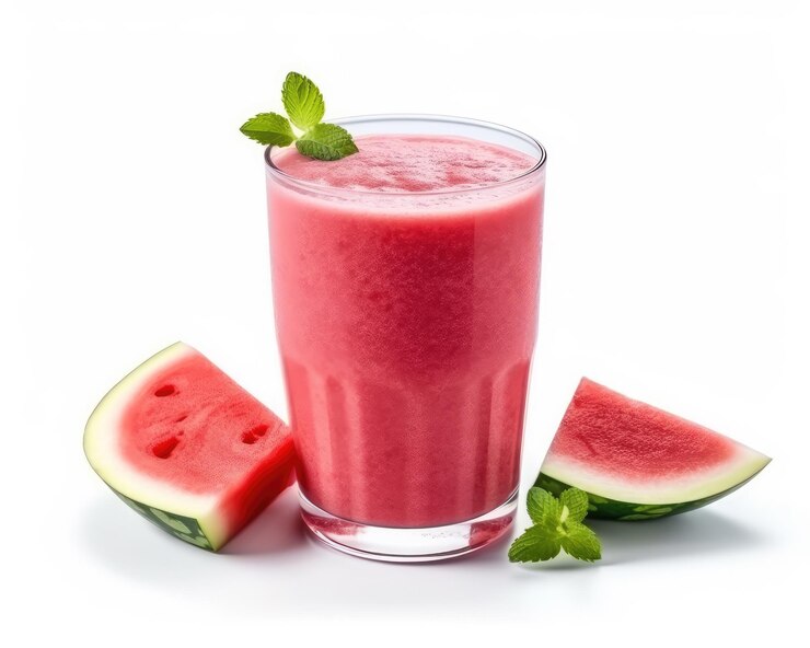 Fresh Smoothie Watermelon lassi con fruta de sandía en un estudio de fondo blanco aislado