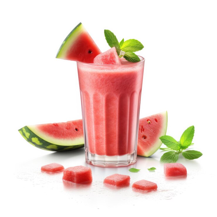 Fresh Smoothie Watermelon lassi con fruta de sandía en un estudio de fondo blanco aislado