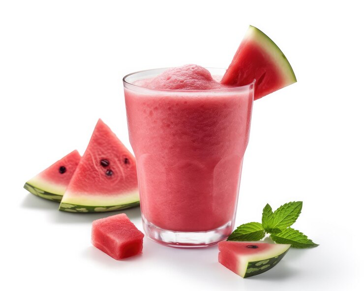 Fresh Smoothie Watermelon lassi con fruta de sandía en un estudio de fondo blanco aislado