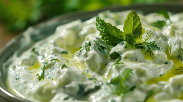 Fresh Tzatziki Sauce Closeup para el cartel de comida AI generativa