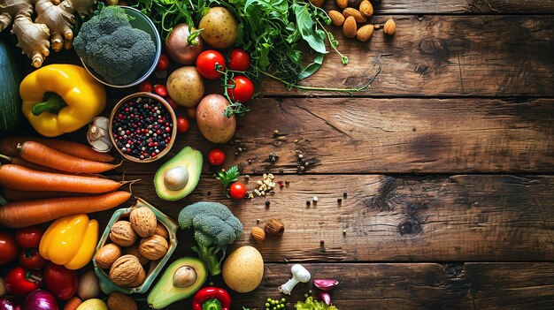 Foto fresh vegetables on rustic wooden background top view copy space