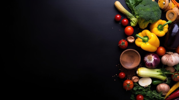 Fresh Veggie Border Verduras orgánicas sobre fondo negro natural Ideal para diseños de alimentos saludables Ai generado