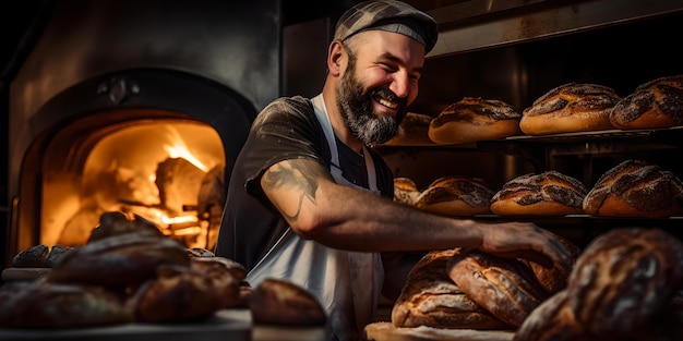 Freude bereitet frisches Brot in einer rustikalen Bäckerei vor. Handwerkliches Brot, das traditionelles Bäckhaus herstellt.