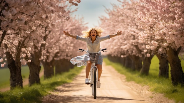 Freude, wie eine glückliche Frau fröhlich auf einem Fahrrad entlang einer Landstraße unter blühenden Bäumen fährt. Ein lebendiges Frühlingskonzeptbild, das die Energie eines sorglosen und aktiven Lebensstils ausstrahlt.