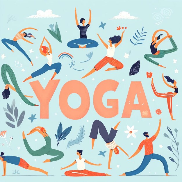 Freudevolle Yoga-Illustration mit blauem Hintergrund