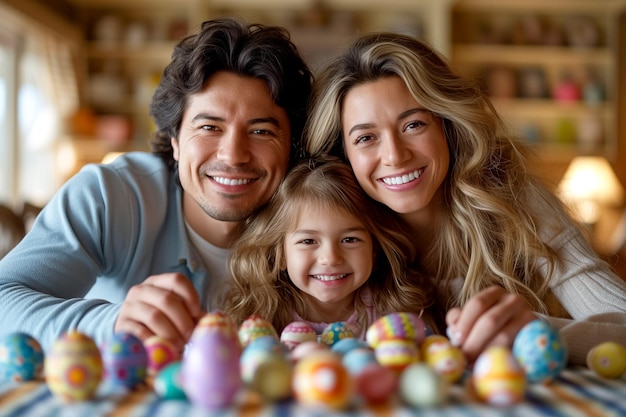 freudig gemischte Rasse Familie Malerei Ostereier zu Hause Kind und Eltern bereiten sich auf Ostern vor