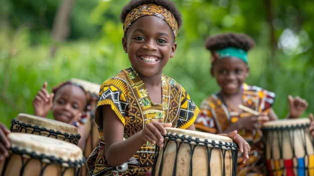 Freudige afrikanische Kinder spielen in einer üppig grünen Umgebung im Freien Trommel.