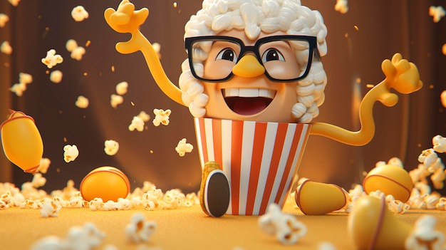 Freudige animierte Figur springt mit Popcorn-Explosion auf einem warmen Hintergrund
