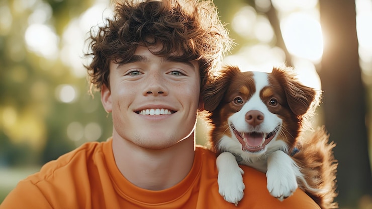 Foto freudige augenblicke zwischen einem jungen mann und seinem spielerischen hund unter dem goldenen sonnenuntergang