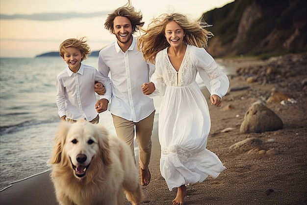 Freudige familiäre Bindung am Strand Eltern Kind und Hund spielen und laufen zusammen