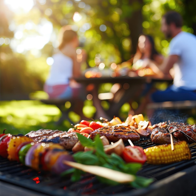 Foto freudige familie und freunde versammeln sich zu einem sommergarten-barbecue-piknik und genießen das essen