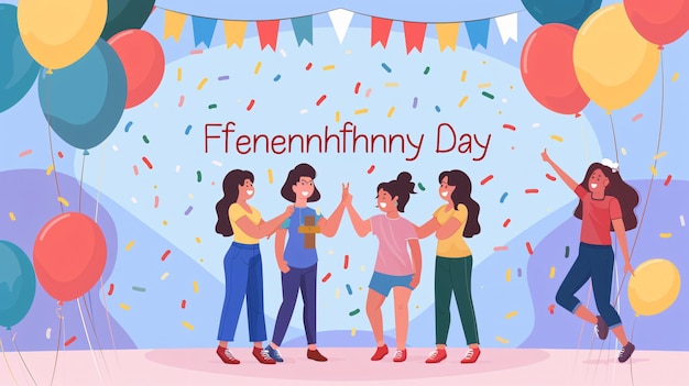Freudige Freunde feiern einen besonderen Tag mit bunten Ballons und Konfetti