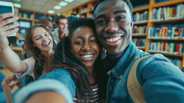 Foto freudige freunde teilen sich einen selfie-moment in einer lebendigen bibliothek und erfassen ihre fröhliche kameradschaft