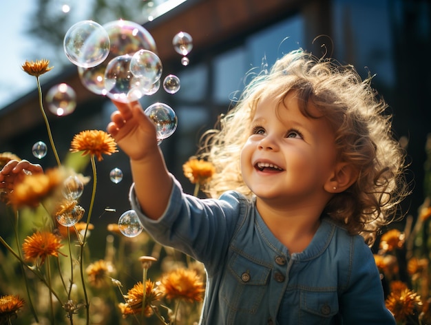 Freudige Kinder blicken auf Blasen in den Himmel
