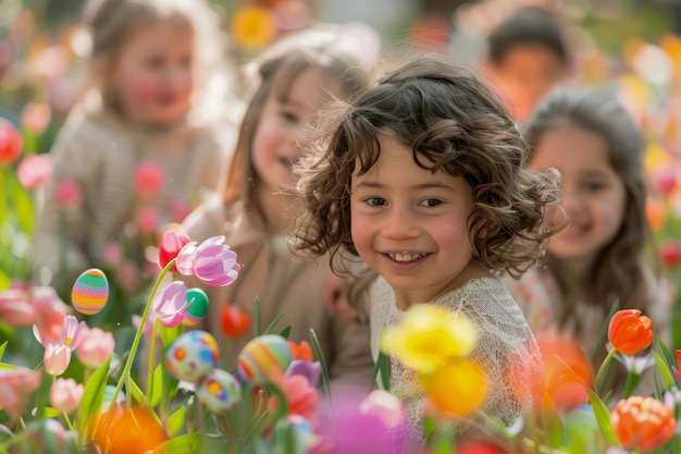 Freudige Kinder feiern den Frühling mit einer Ostereierjagd im blühenden Blumengarten