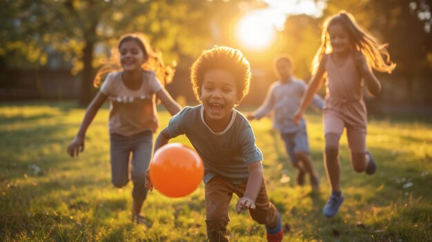 Freudige Kinder lachen und spielen in einem lebendigen Park und jagen an einem sonnigen Tag einen lebendigen, hüpfenden Ball.