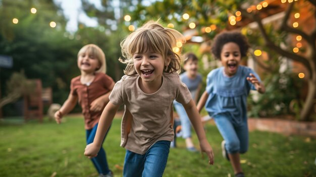 Freudige Kinder spielen ein energisches Spiel voller Lachen und grenzenloser Energie in einem sonnigen Hinterhof