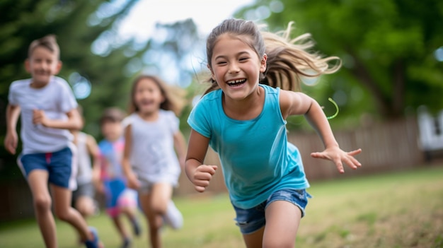 Foto freudige kinder spielen ein energisches spiel voller lachen und grenzenloser energie in einem sonnigen hinterhof
