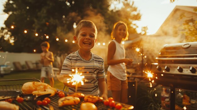 Freudige Kinder spielen mit Funkeln bei einem Grillfest im Hinterhof