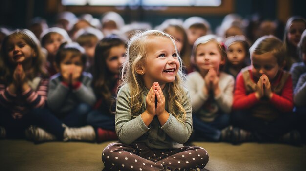 Foto freudige kindergartenkinder sitzen auf dem klassenzimmerboden, beteiligen sich an aktivitäten und klatschen