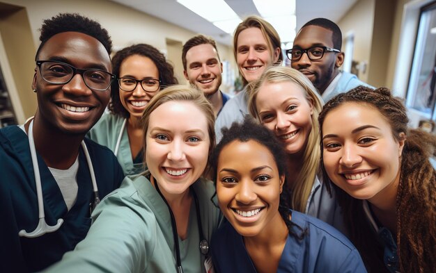 Foto freudige krankenhaus-selfie ärzte und frauen freunde lächeln