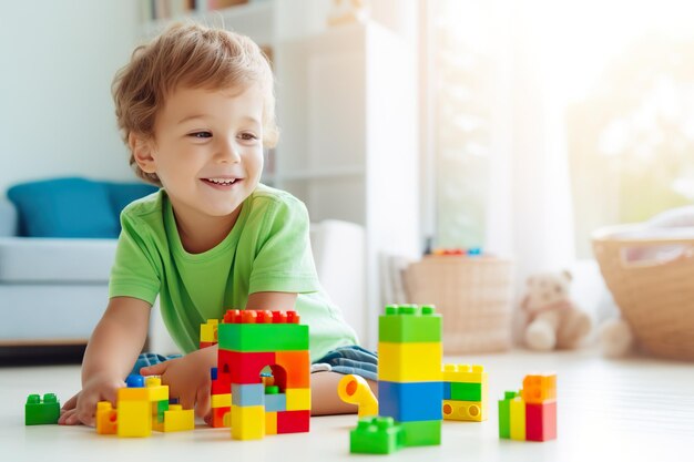 Freudige Kreationen: Süßes Kind mit Legosteinen.