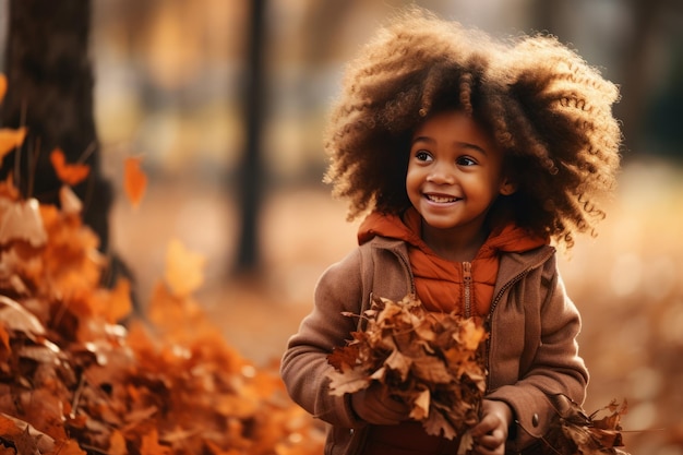 Freudige Momente ein faszinierendes afroamerikanisches Kind beschäftigt sich mit Herbstblättern im Park