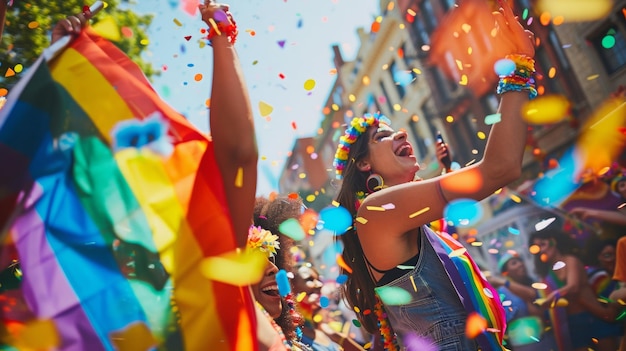 Freudige Pride-Feier mit Regenbogenflagge und Konfetti