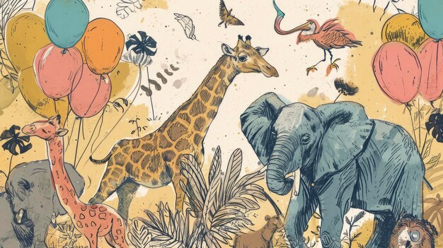 Freudige Safari-Freunde in einem ungewöhnlichen Dschungel Spielhafte Löwen Giraffen Elefanten und Flora