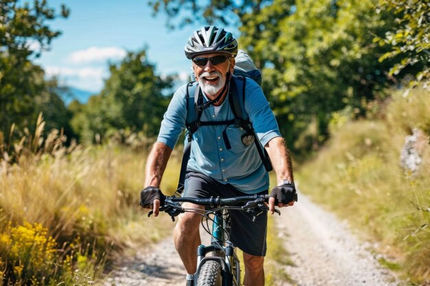 Freudige Senioren fahren Fahrrad auf einem Landweg