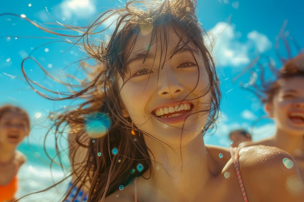 Freudige Sommerluft mit lächelnden jungen Frauen und Freunden, die sich an einem sonnigen Strandtag erfreuen
