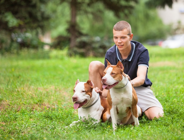 Freudiger Mann, der auf Gras mit Hunden sitzt.