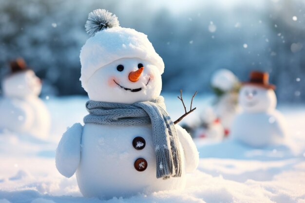 freudiger Schneemann auf einem Hintergrund von Winterschnee