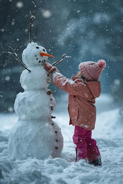 Freudiges Kind in rosa Jacke und bunter Mütze baut an einem schneebedeckten Tag einen Schneemann und schmückt ihn mit einer Karottennase und Zweigarmen unter einem sanften Schneefall