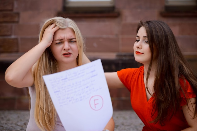 Foto freund tröstet einen traurigen studenten, der die prüfung nicht bestanden hat