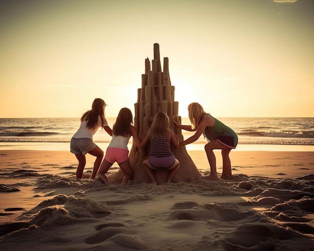 Freunde bauen Sandburgen am Strand, ihre Kreativität und Freundschaft sind miteinander verflochten