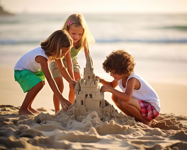 Freunde bauen Sandburgen am Strand, ihre Kreativität und Freundschaft sind miteinander verflochten