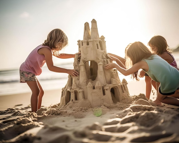 Freunde bauen Sandburgen am Strand, ihre Kreativität und Freundschaft sind miteinander verflochten